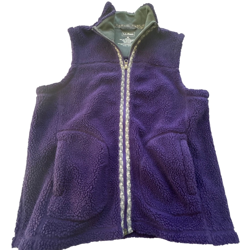 LL Bean Fleece Vest Women M Purple High Pile Sherpa Floral Gorpcore Outdoorsy